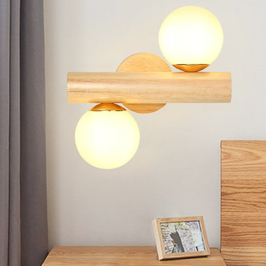 Japanese Wood Tube Wall Lamp- Beige Sconce Light Fixture With Milk Glass Shades (2 Heads)