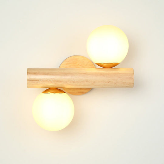 Japanese Wood Tube Wall Lamp- Beige Sconce Light Fixture With Milk Glass Shades (2 Heads)