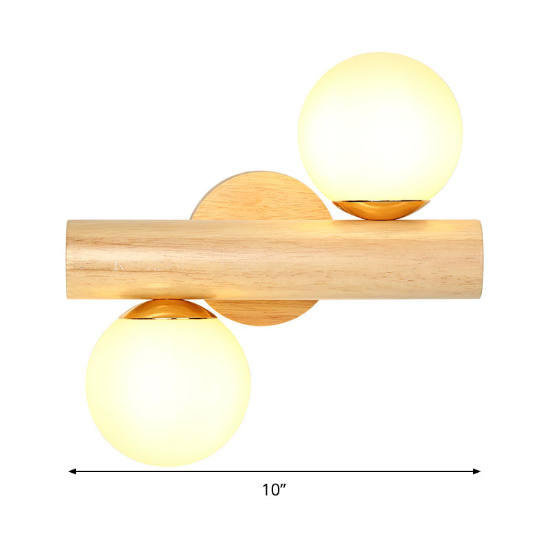 Japanese Wood Tube Wall Lamp- Beige Sconce Light Fixture With Milk Glass Shades (2 Heads)