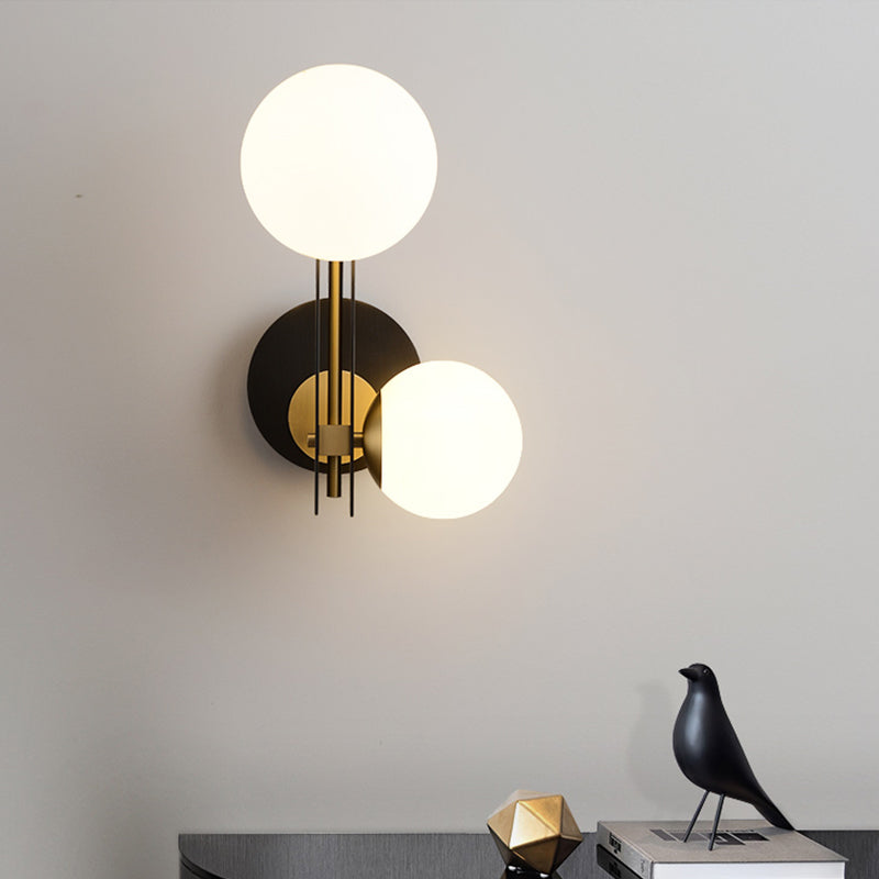 Contemporary Milky Glass Wall Sconce Light - 2 Bulbs Black & Gold