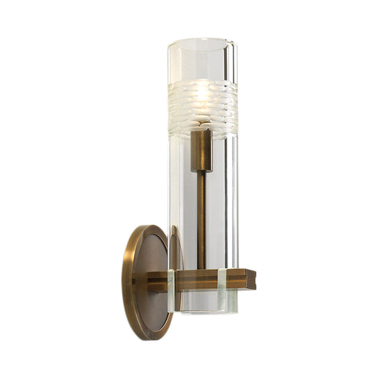 Modern Clear Glass Sconce With Brass Metal Arm And 1 Bulb Wall Light Fixture