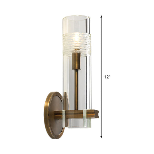 Modern Clear Glass Sconce With Brass Metal Arm And 1 Bulb Wall Light Fixture