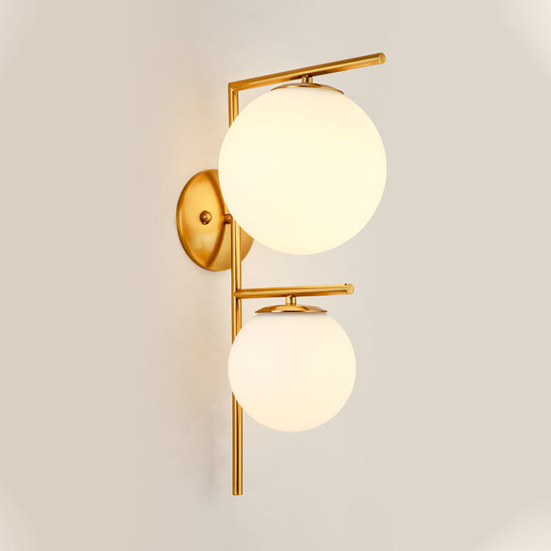 Contemporary White Glass Spherical Sconce With 2 Gold Heads - Wall Mounted Light Fixture