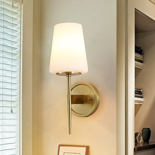 Modernist Opal Glass Tapered Wall Lamp: Brass Sconce Light Fixture With Pencil Arm