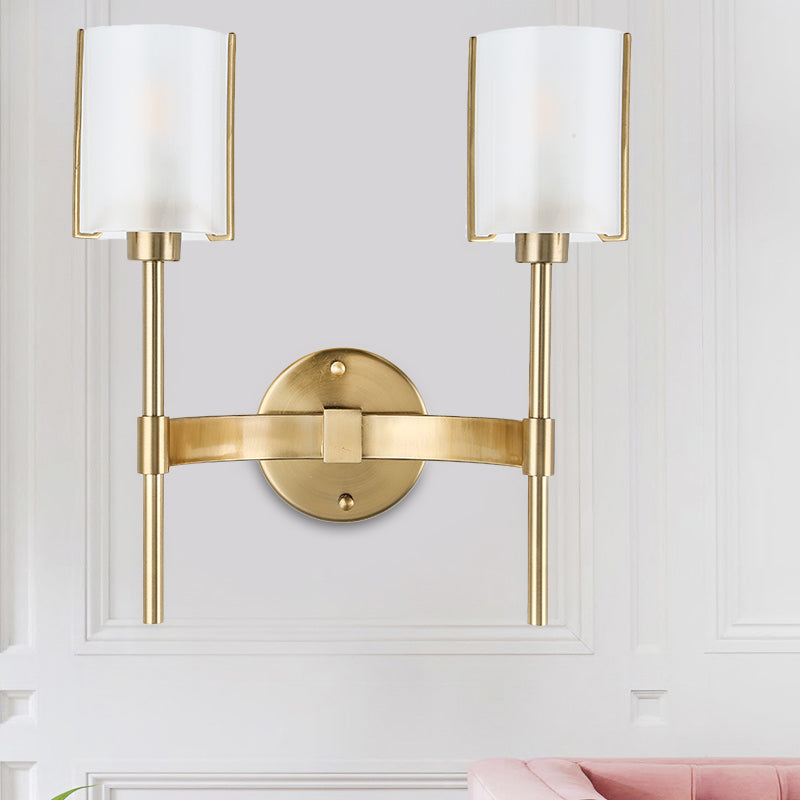 Modern Gold Wall Sconce With White Glass Shade - 2 Bulb Metal Light Fixture