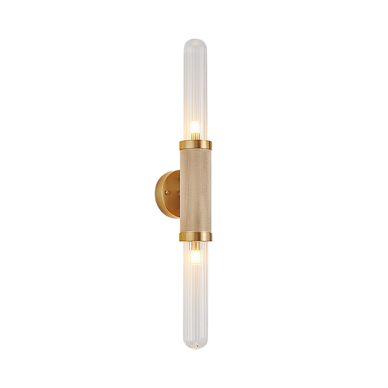 Modern Gold Wall Sconce With Fluted Glass And Dual Tubular Heads