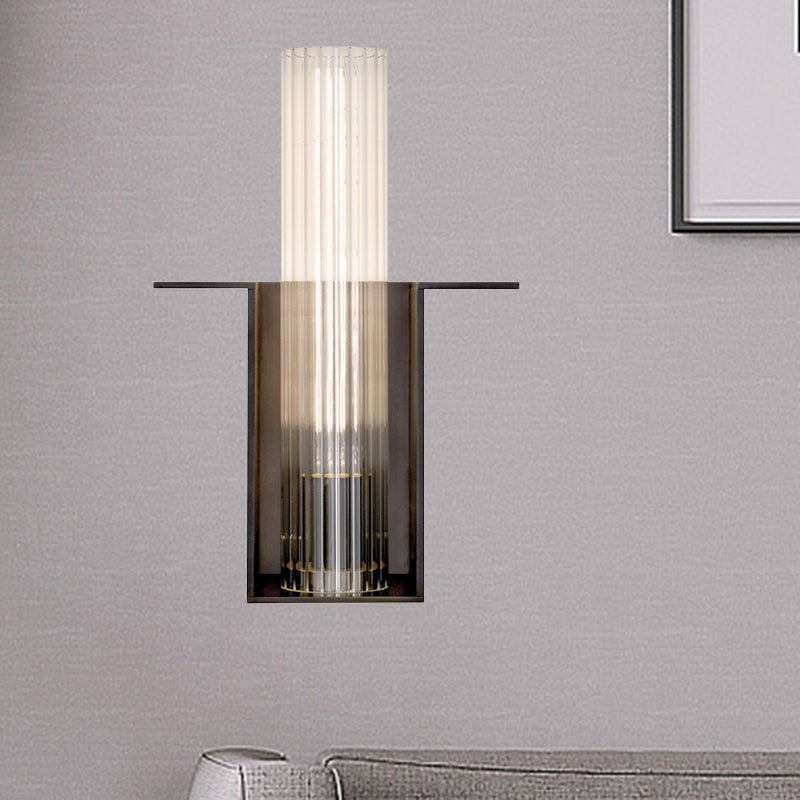 Modern Black Sconce Light With Ribbed Glass Shade For Living Room Wall