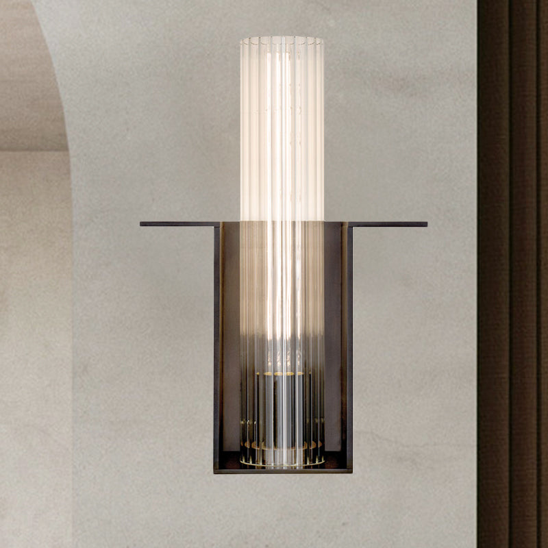 Modern Black Sconce Light With Ribbed Glass Shade For Living Room Wall