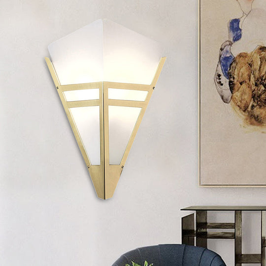 Contemporary White Glass Gold Sconce With Tapered Design And 1 Bulb