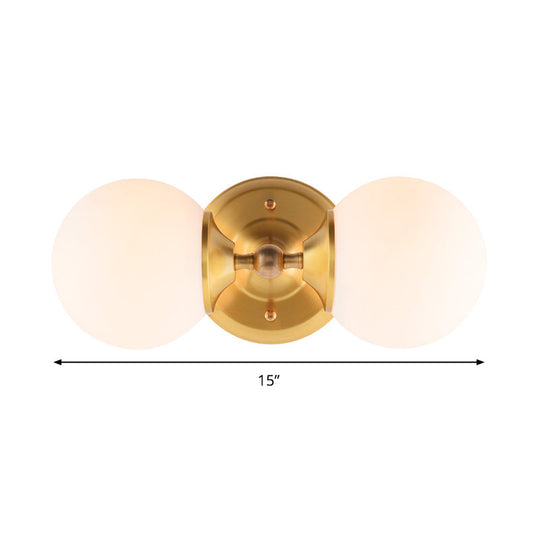 Modern Brass Wall Mount Sconce With 2 Milky Glass Heads