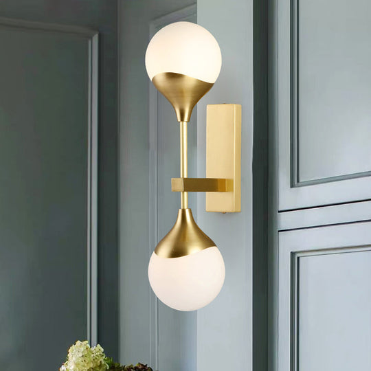 Modernist Brass Wall Sconce With Opal Glass Shade - 2 Heads Lighting