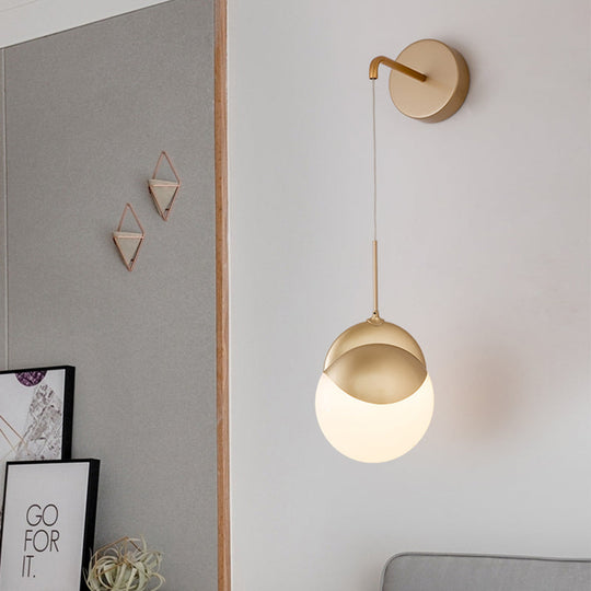 Modern Gold Sconce Light Fixture With Milk Glass Shade For Living Room Wall