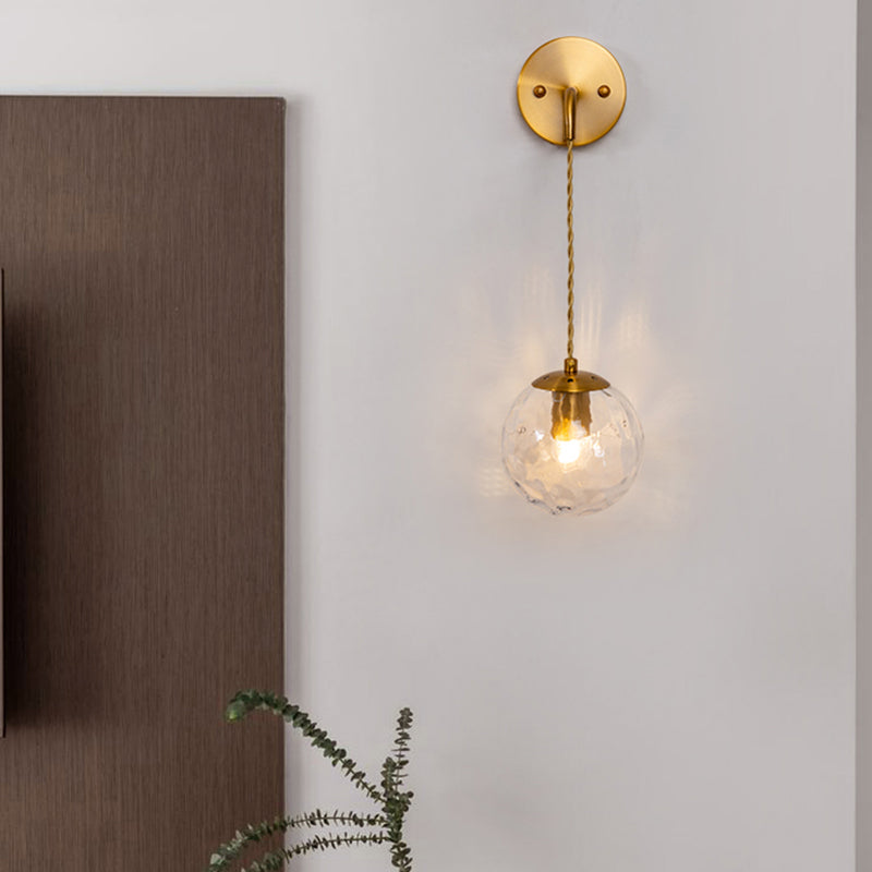 Contemporary Gold Wall Mounted Lamp With Clear Dimpled Blown Glass - Round Sconce