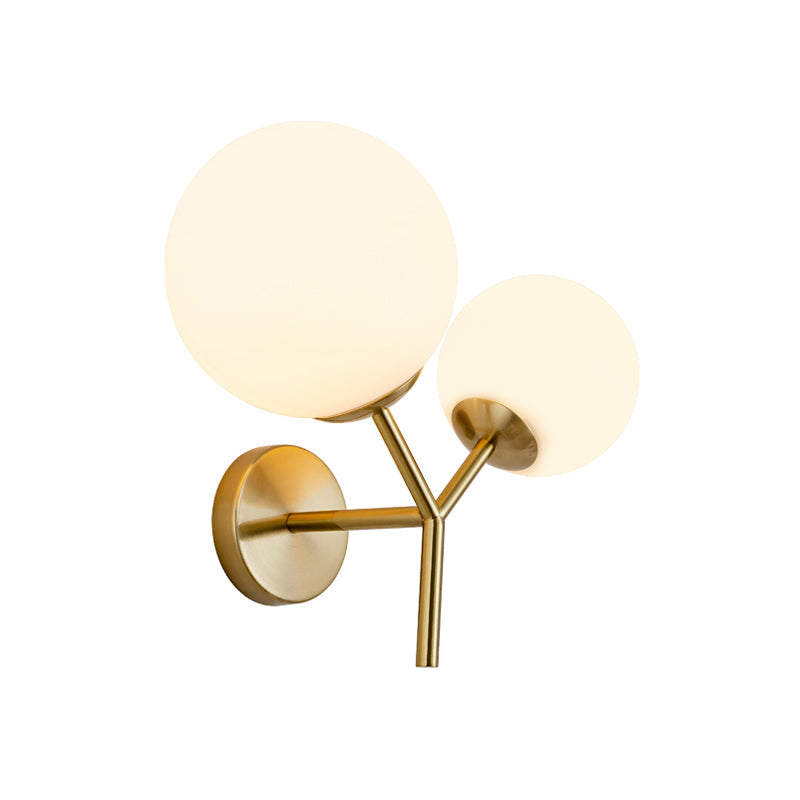 Contemporary White Glass Spherical Sconce With 2 Gold Heads - Wall Mounted Light Fixture