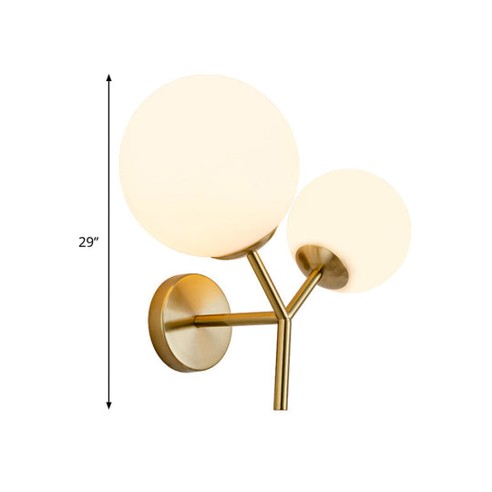 Contemporary White Glass Spherical Sconce With 2 Gold Heads - Wall Mounted Light Fixture