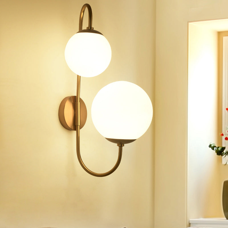 Contemporary Gold Metal Wall Sconce With Opal Glass Shade - 2 Bulb Arm Design