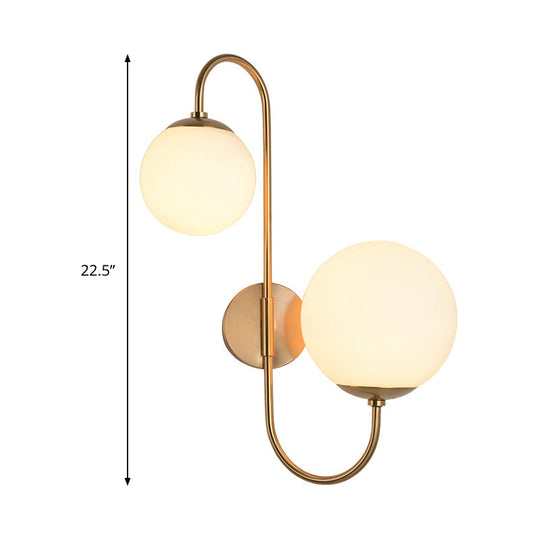 Contemporary Gold Metal Wall Sconce With Opal Glass Shade - 2 Bulb Arm Design