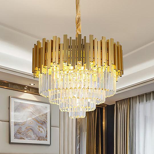 Modern Brass Hanging Light Fixture: Layered Multi-Light Chandelier With Crystal Block