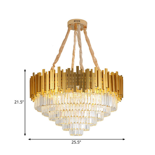 Modern Brass Hanging Light Fixture: Layered Multi-Light Chandelier With Crystal Block