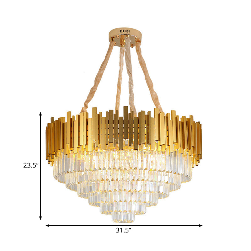 Modern Brass Hanging Light Fixture: Layered Multi-Light Chandelier With Crystal Block