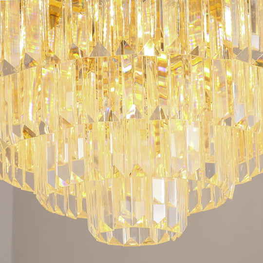 Modern Brass Hanging Light Fixture: Layered Multi-Light Chandelier With Crystal Block