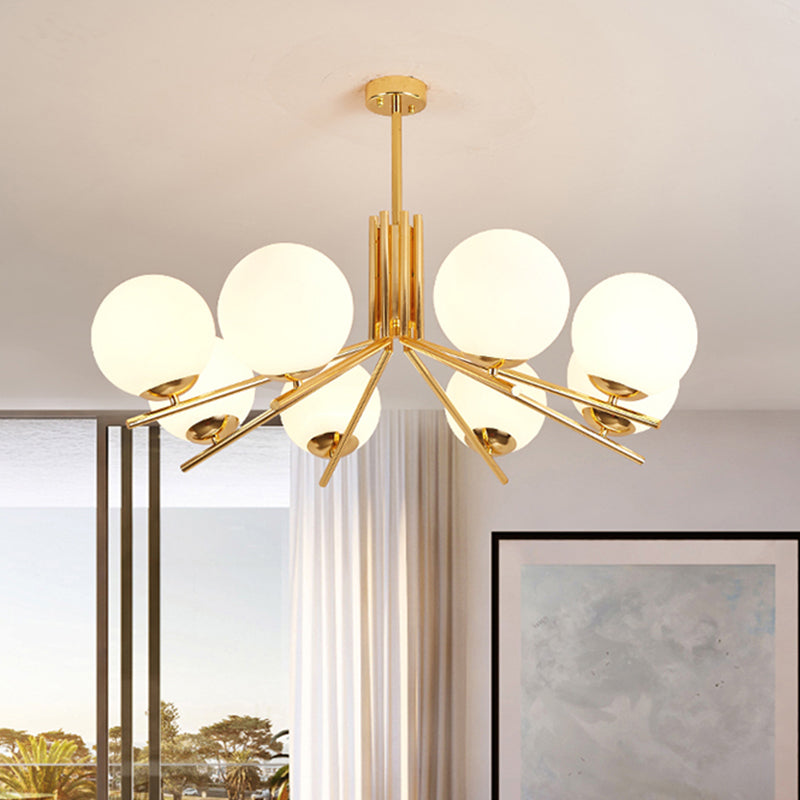 Modern 8-Head Gold Pendant Light Fixture With Frosted White Glass Orb