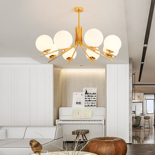 Frosted White Glass Orb Chandelier - Modern 8 Head Gold Pendant Light