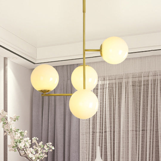 Gold Ball Ceiling Hanging Light Modernist 4 Heads Pendant Chandelier With Milky Glass Shade