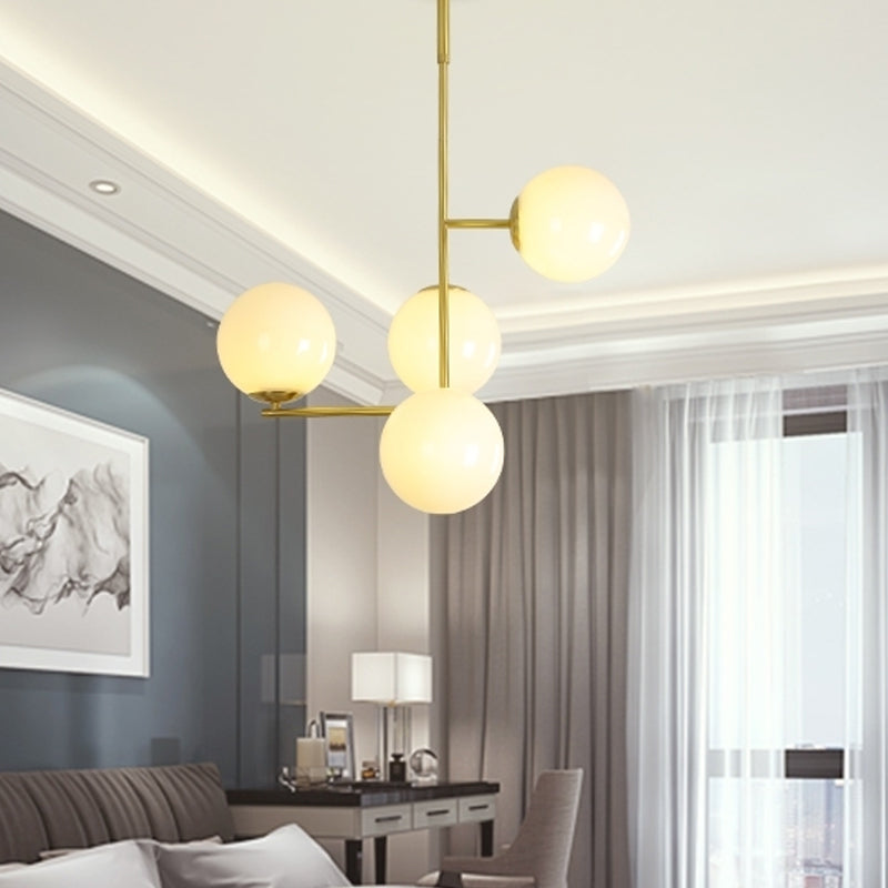 Modernist gold ball pendant chandelier with milky glass shade - 4 heads, ceiling hanging light