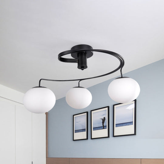 Modernist Milk Glass 3-Light Semi Flush Black Ceiling Mount Fixture For Bedroom