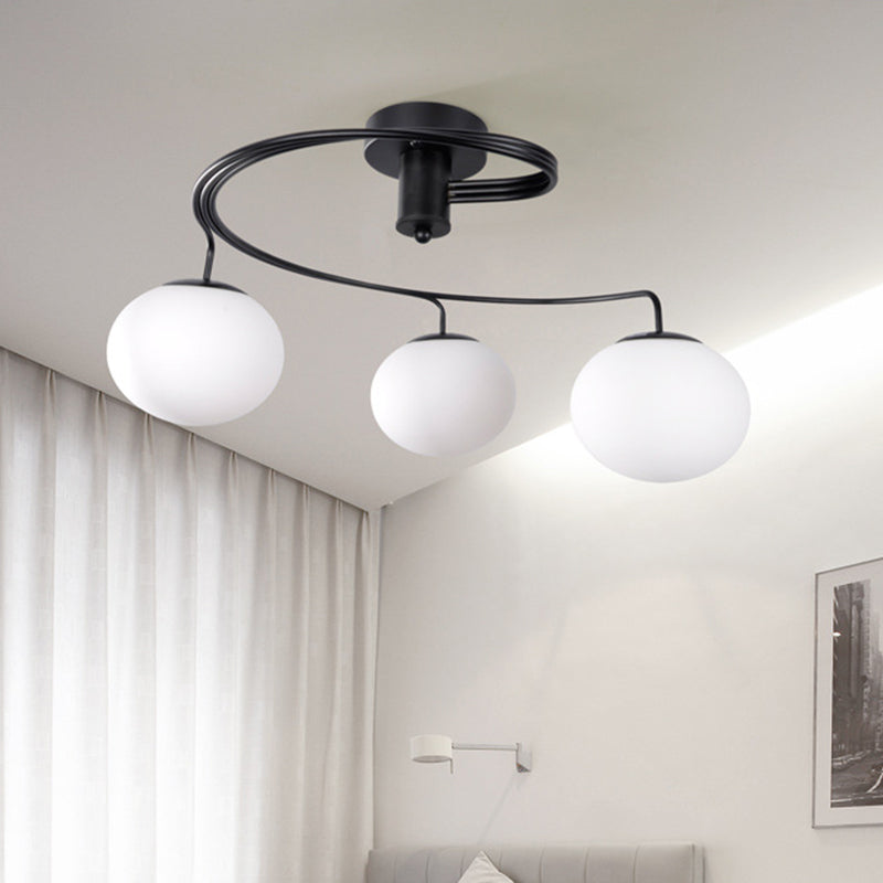 Modernist Milk Glass 3-Light Semi Flush Black Ceiling Mount Fixture For Bedroom