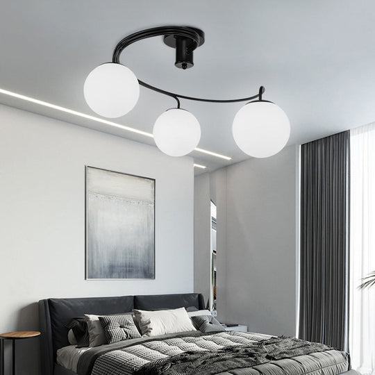 Sleek Modernist Milk Glass 3-Head Black Ceiling Mount Light for Bedroom - Globe Semi Flush Fixture