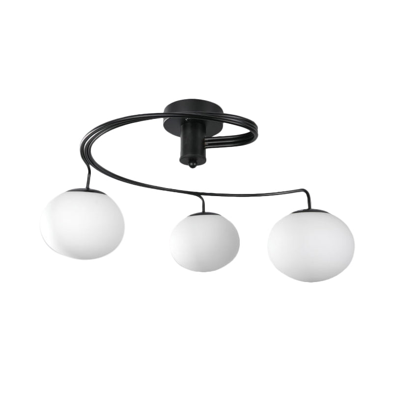 Modernist Milk Glass 3-Light Semi Flush Black Ceiling Mount Fixture For Bedroom