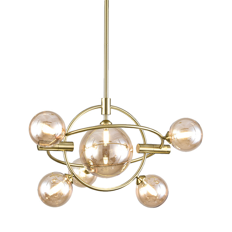 Amber Glass Modernist Sphere Chandelier - 6 Head Dining Room Lighting