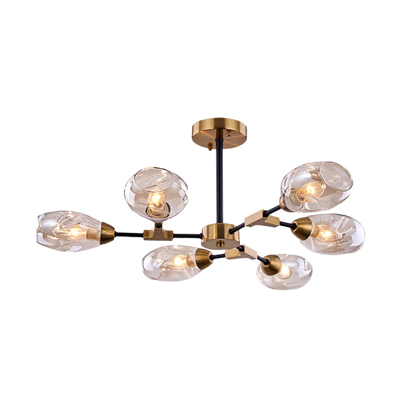 Modern Black & Gold 6-Head Dining Room Chandelier With Cup Dimpled Blown Glass Shades - Pendant