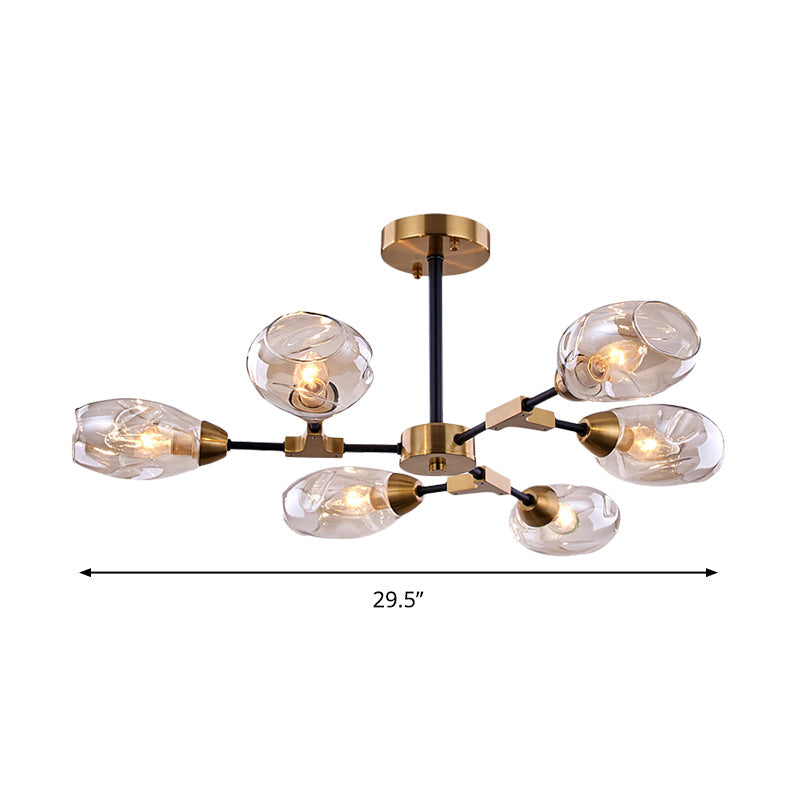 Modern Black & Gold 6-Head Dining Room Chandelier With Cup Dimpled Blown Glass Shades - Pendant