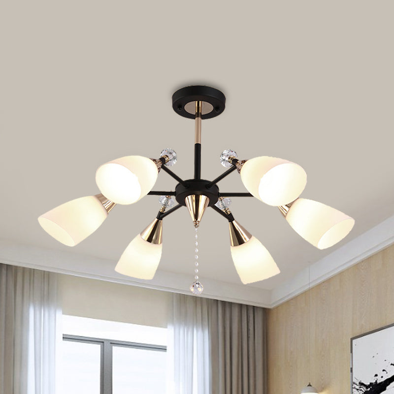 Contemporary White Glass Flared Ceiling Chandelier - 6 Bulbs Black