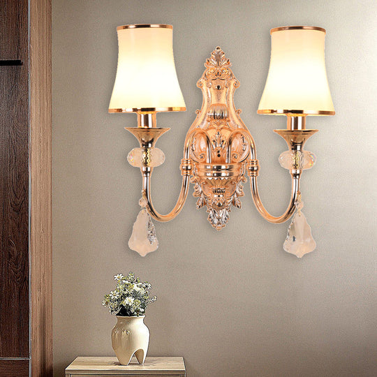 Translucent Crystal Gold Flared Wall Mount Light Fixture - Traditional 2-Head Sconce For Living Room