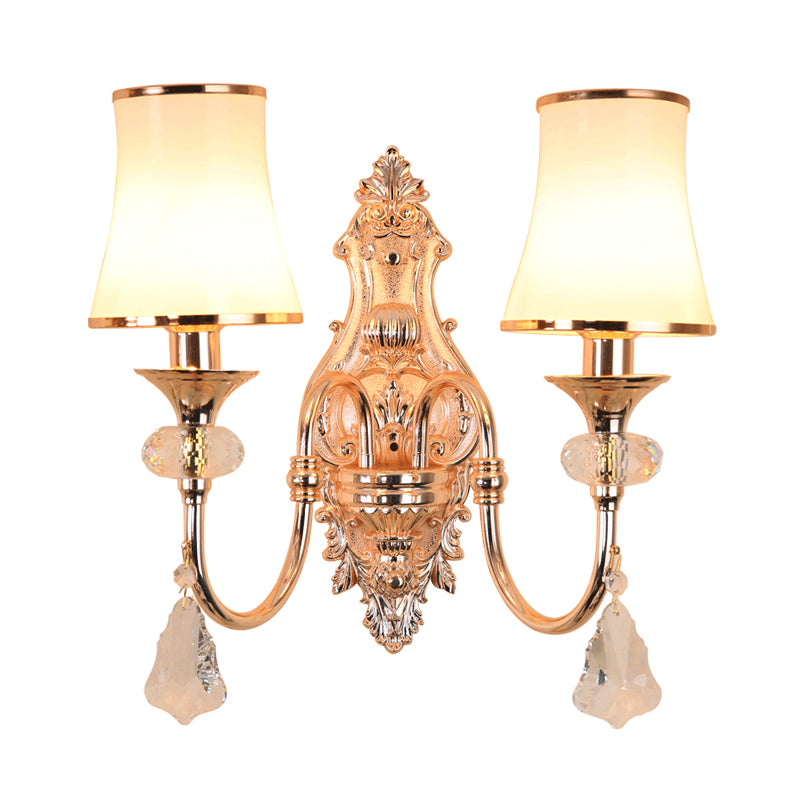 Translucent Crystal Gold Flared Wall Mount Light Fixture - Traditional 2-Head Sconce For Living Room