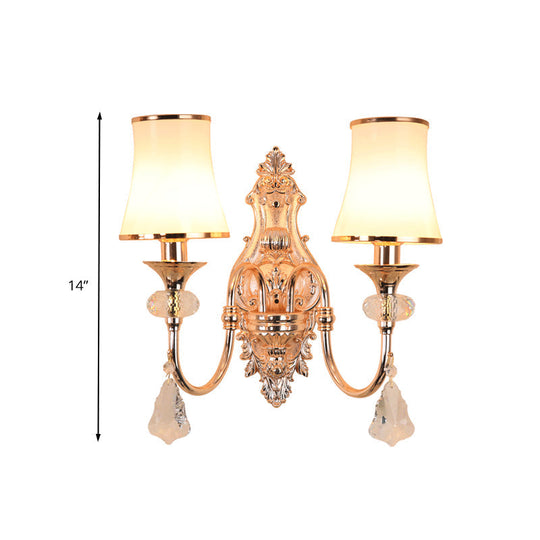 Translucent Crystal Gold Flared Wall Mount Light Fixture - Traditional 2-Head Sconce For Living Room