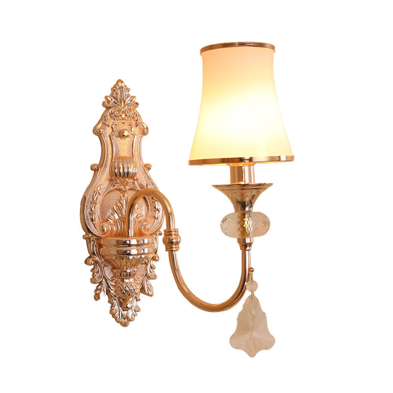 Translucent Crystal Gold Flared Wall Mount Light Fixture - Traditional 2-Head Sconce For Living Room