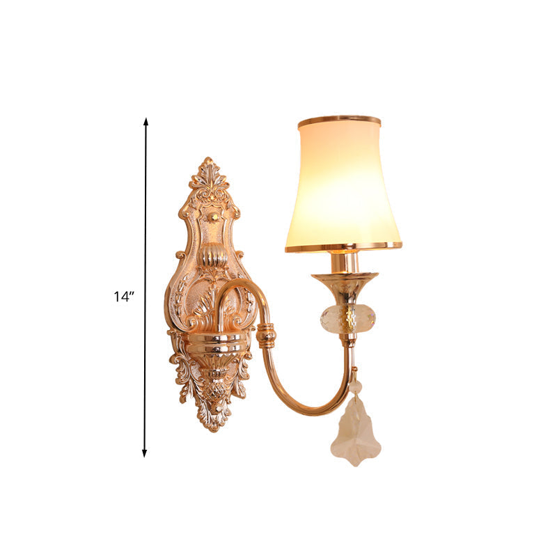 Translucent Crystal Gold Flared Wall Mount Light Fixture - Traditional 2-Head Sconce For Living Room