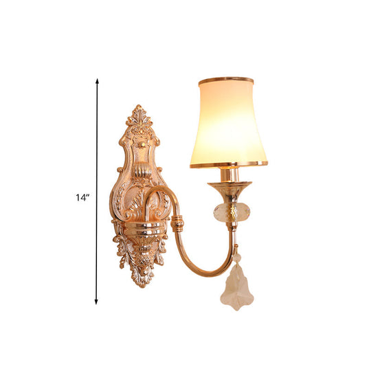 Translucent Crystal Gold Flared Wall Mount Light Fixture - Traditional 2-Head Sconce For Living Room