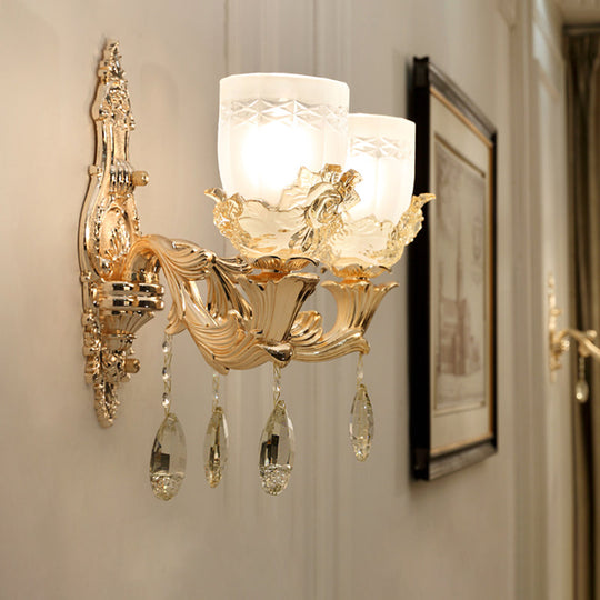 Vintage White Glass Bowl Wall Mounted Lamp With Crystal Draping - Gold Sconce Light Fixture For