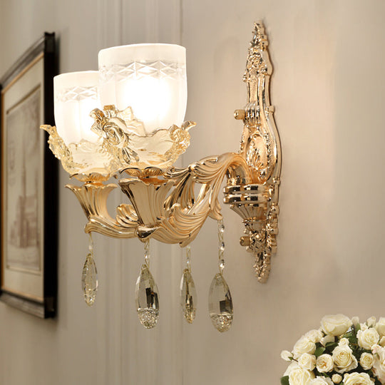 Vintage White Glass Bowl Wall Mounted Lamp With Crystal Draping - Gold Sconce Light Fixture For