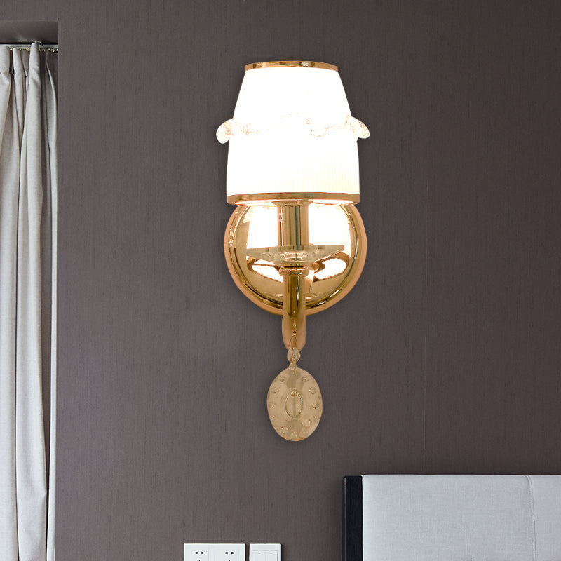 Frosted Glass Sconce With Crystal Drop: Gold Barrel Wall Mounted Light For Traditional Living Rooms