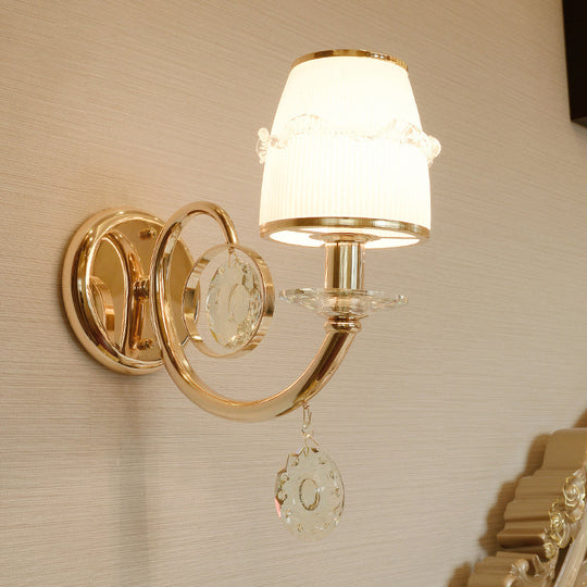 Frosted Glass Sconce With Crystal Drop: Gold Barrel Wall Mounted Light For Traditional Living Rooms