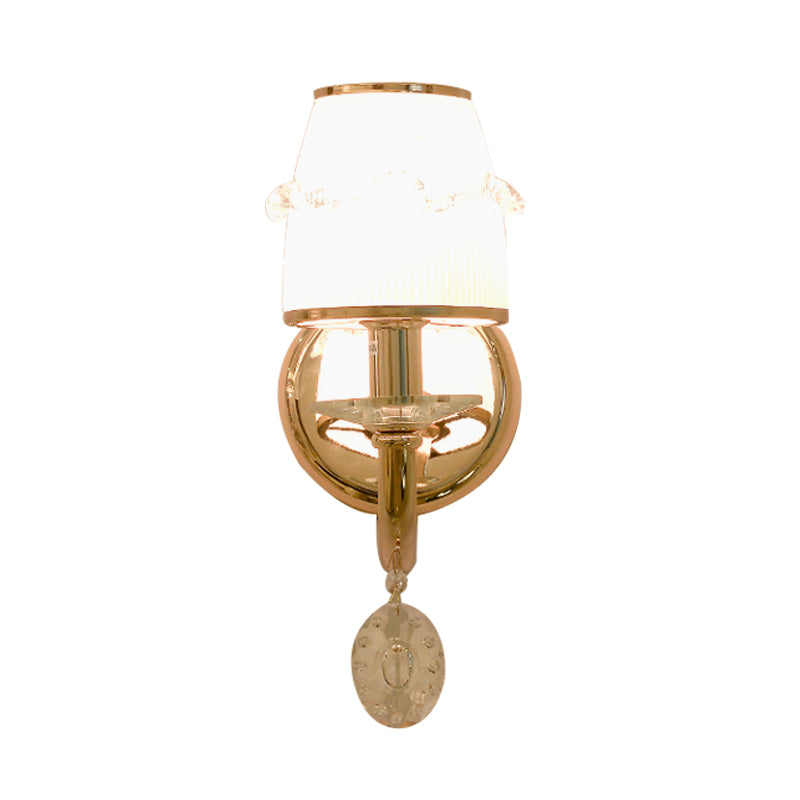 Frosted Glass Sconce With Crystal Drop: Gold Barrel Wall Mounted Light For Traditional Living Rooms