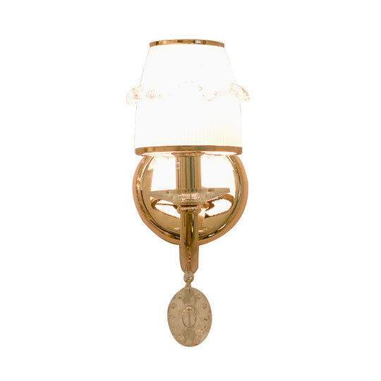 Frosted Glass Sconce With Crystal Drop: Gold Barrel Wall Mounted Light For Traditional Living Rooms