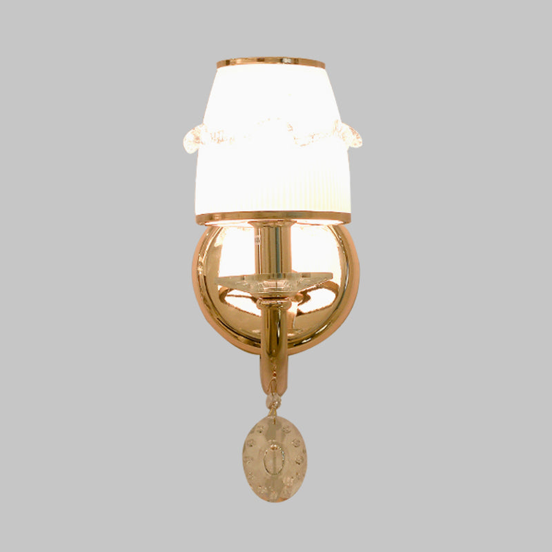 Frosted Glass Sconce With Crystal Drop: Gold Barrel Wall Mounted Light For Traditional Living Rooms